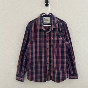 American Eagle Y2K Navy‎ Red White Plaid Cotton Button Down Flannel Shirt XL